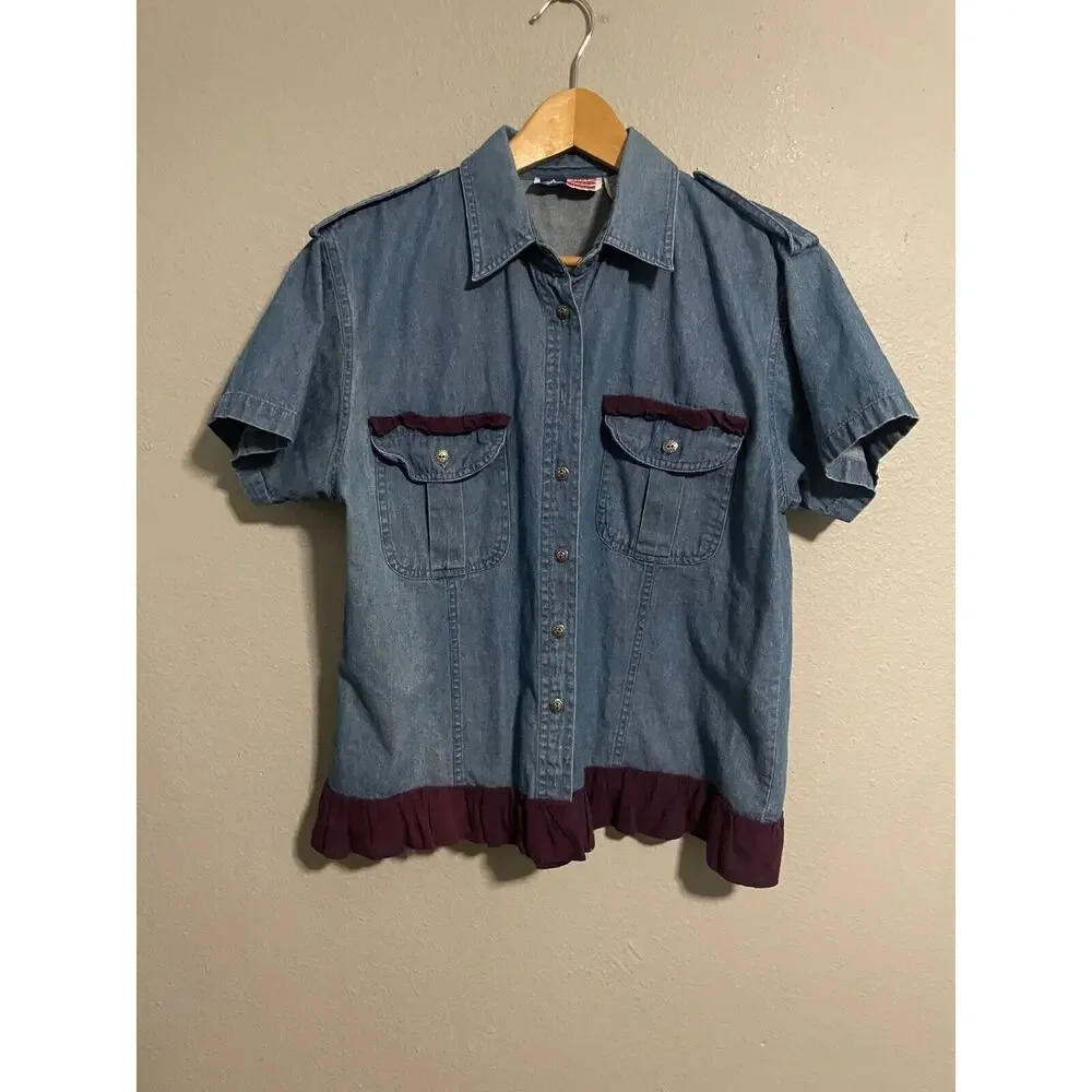 Vintage Just Class Womens Top Large Blue Denim Ruffle Button Up Western 80s FLAW - Picture 1 of 8